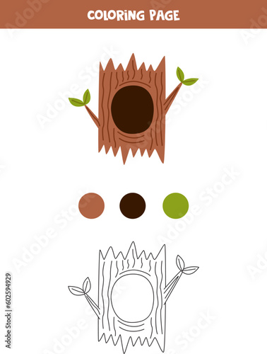 Color cartoon tree hollow. Worksheet for kids.
