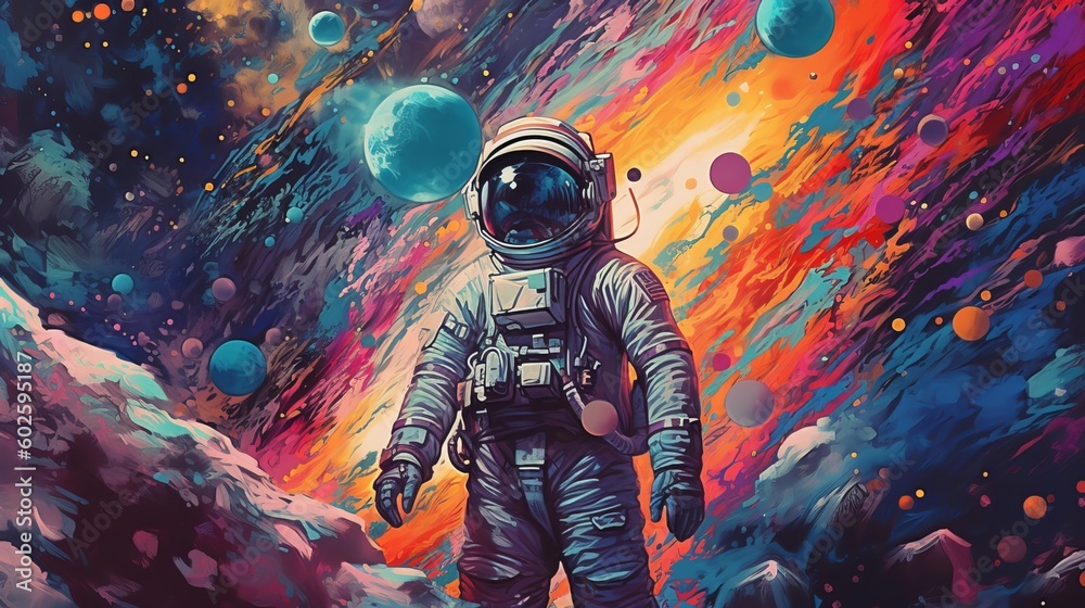 An astronaut in an orbit with colored stars