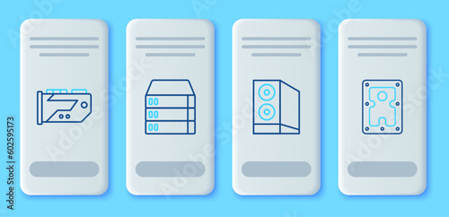 Set line Server, Data, Web Hosting, Case of computer, Video graphic card and Hard disk drive HDD icon. Vector