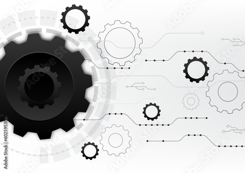 Gear technology on white background With the technology circle and the connection circuit, high-tech gear digital is an engineering work that works in conjunction with smart technology.