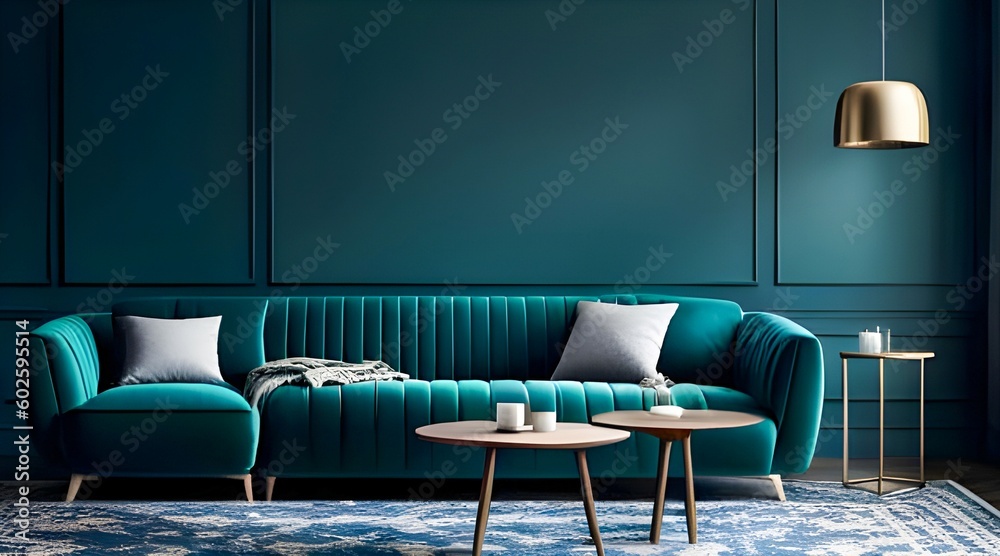 Interior of classic living room with blue walls, blue sofa and coffee table. Generative AI. - obrazy, fototapety, plakaty 