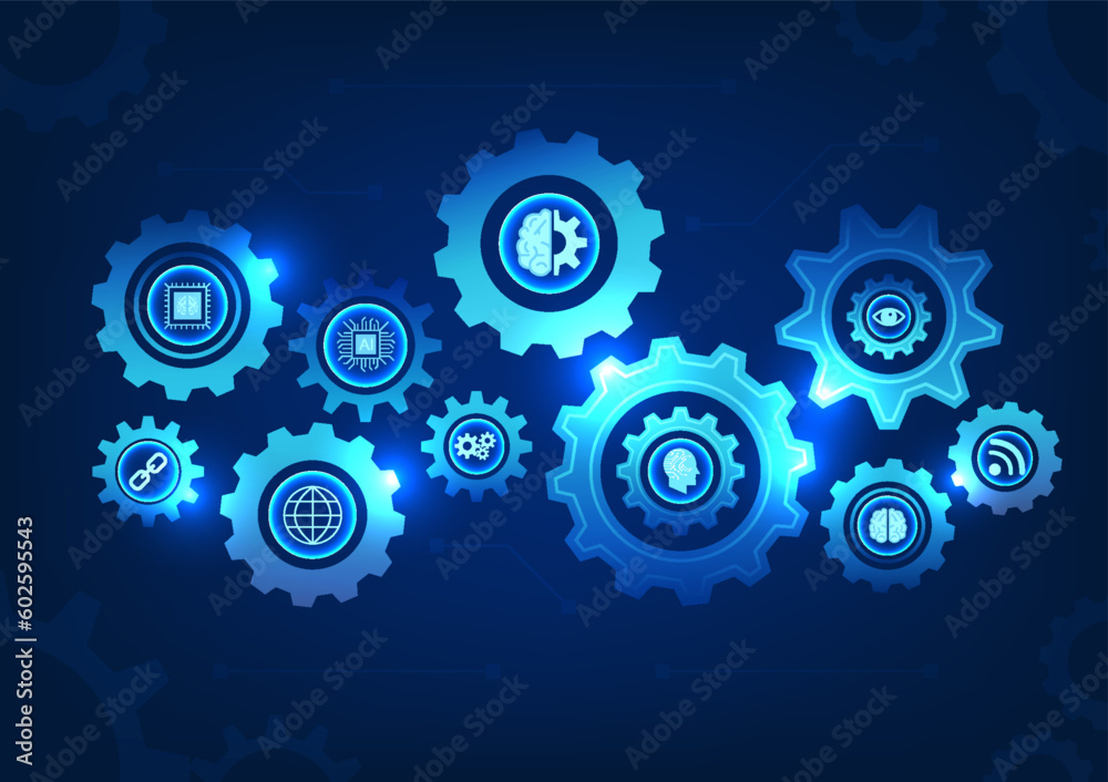 Gear technology background with smart technology Represents the drive of modern technology. gear digital hi-tech is a work of engineering that works with smart artificial intelligence technology