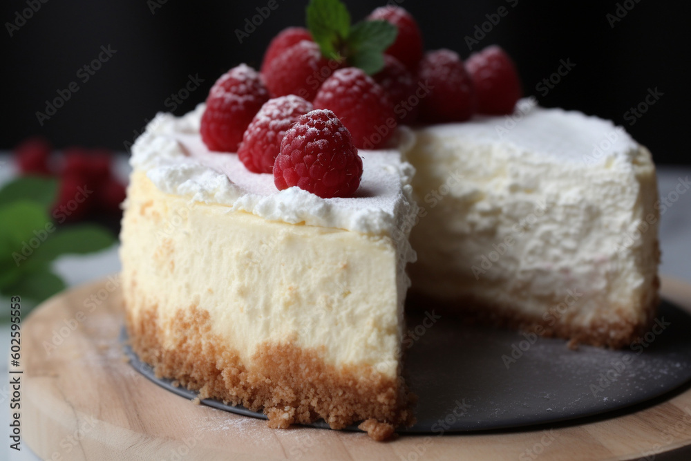 Fluffy cheesecake with raspberry generative AI