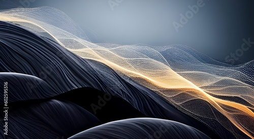 3d illustration of abstract background with flowing waves, lines and particles. Generative AI.