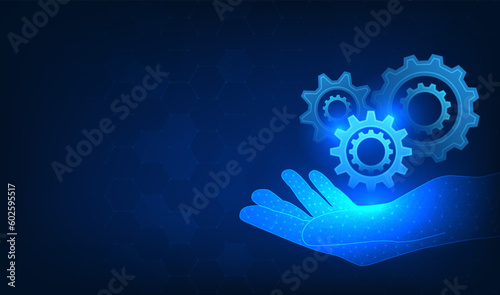 Gear technology background placed on business people hands Represents the drive of new economic businesses with technology gear digital hi-tech is work of engineering that works with smart technology
