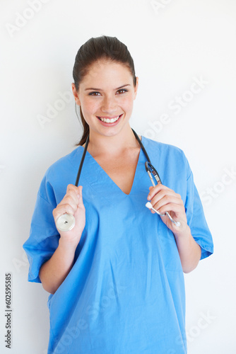 Happy portrait  stethoscope and nurse smile for nursing studio  wellness service or cardiology healthcare support. Medicine doctor  caregiver woman or hospital surgeon isolated on white background