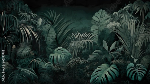 Tropical Paradise  Dark Green Monstera and Tropical Leaves Illustration  Background and wallpaper design. Generative AI