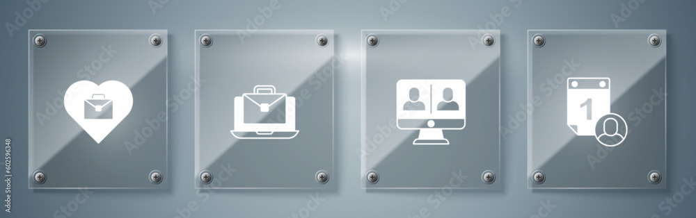 Set Time management, Video chat conference, Online working and Heart with text. Square glass panels. Vector Set Time management, Video chat conference, Online working and Heart with text. Square glass panels. Vector