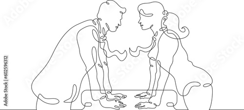 One continuous line. Rivalry. Dispute between a woman and a man. A duel of two sexes. Dispute. Man versus woman. One continuous line drawn isolated, white background.