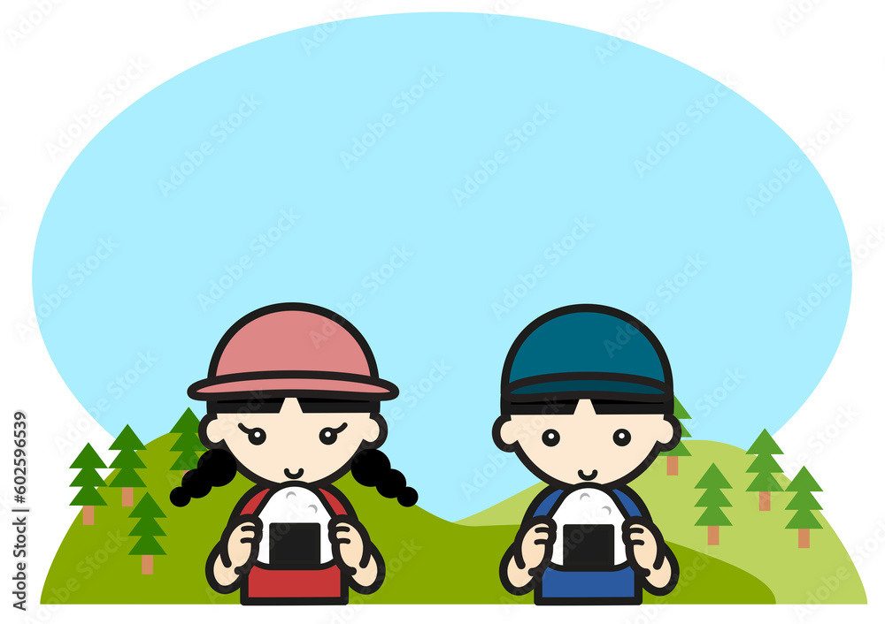 山でおにぎりを食べる子供たち