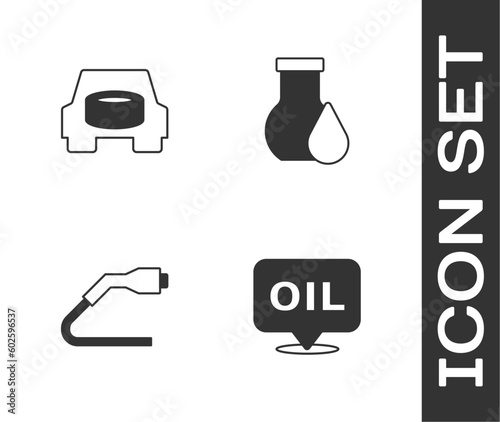 Set Word oil, Spare wheel in the car, Electrical cable plug charging and Oil petrol test tube icon. Vector