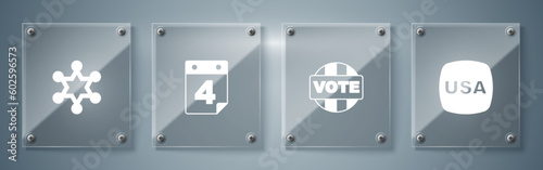 Set USA Independence day, Vote, Calendar with date July 4 and Hexagram sheriff. Square glass panels. Vector