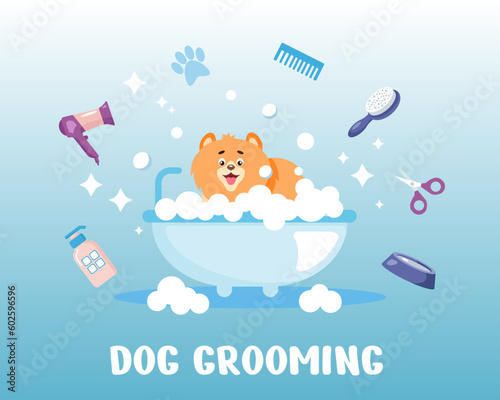 A small cartoon dog is sitting in a bubble bath surrounded by grooming tools. The concept of grooming salon. Vector web banner for animal care