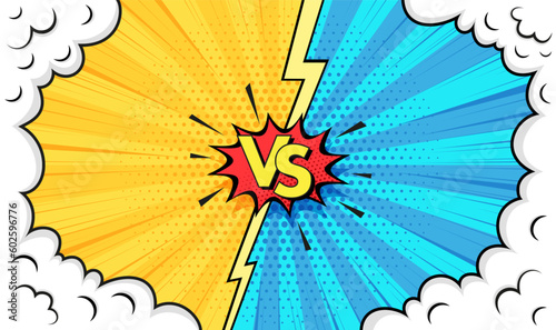 VS pop art background. Superhero dots pattern. Versus comic banner with halftone and smoke clouds. Funny blue yellow print. Cartoon vintage backdrop. Geometric duotone texture. Vector illustration