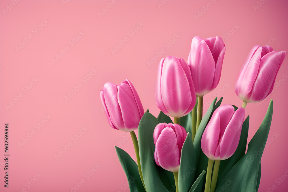 Naklejka premium Bunch Of Pink Tulips Isolated On Pink Background