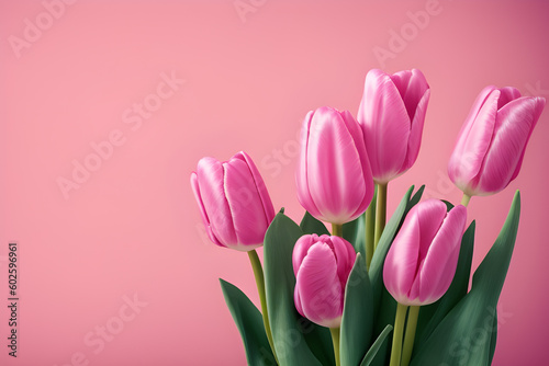 Bunch Of Pink Tulips Isolated On Pink Background