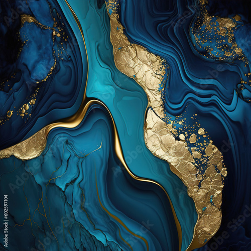 Abstract blue marble background with golden veins pain. Generative AI