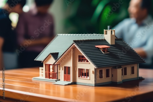 A house model stands illuminated on a table. That is why people stand and negotiate or plan to buy or build a house.