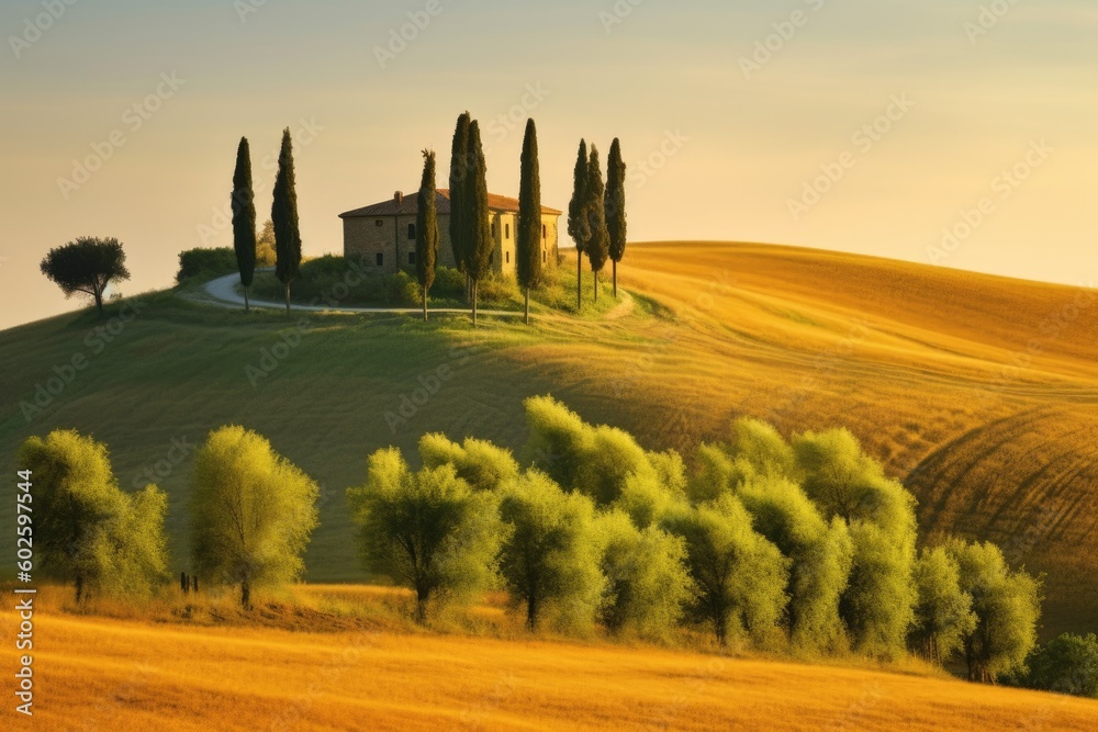 Fototapeta premium Sunny fields in Tuscany, Italy, countryside rolling hills; summer farmland and country road.Ai generative