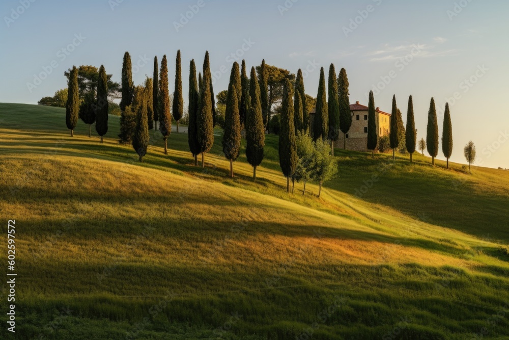  Sunny fields in Tuscany, Italy, countryside rolling hills; summer farmland and country road.Ai generative