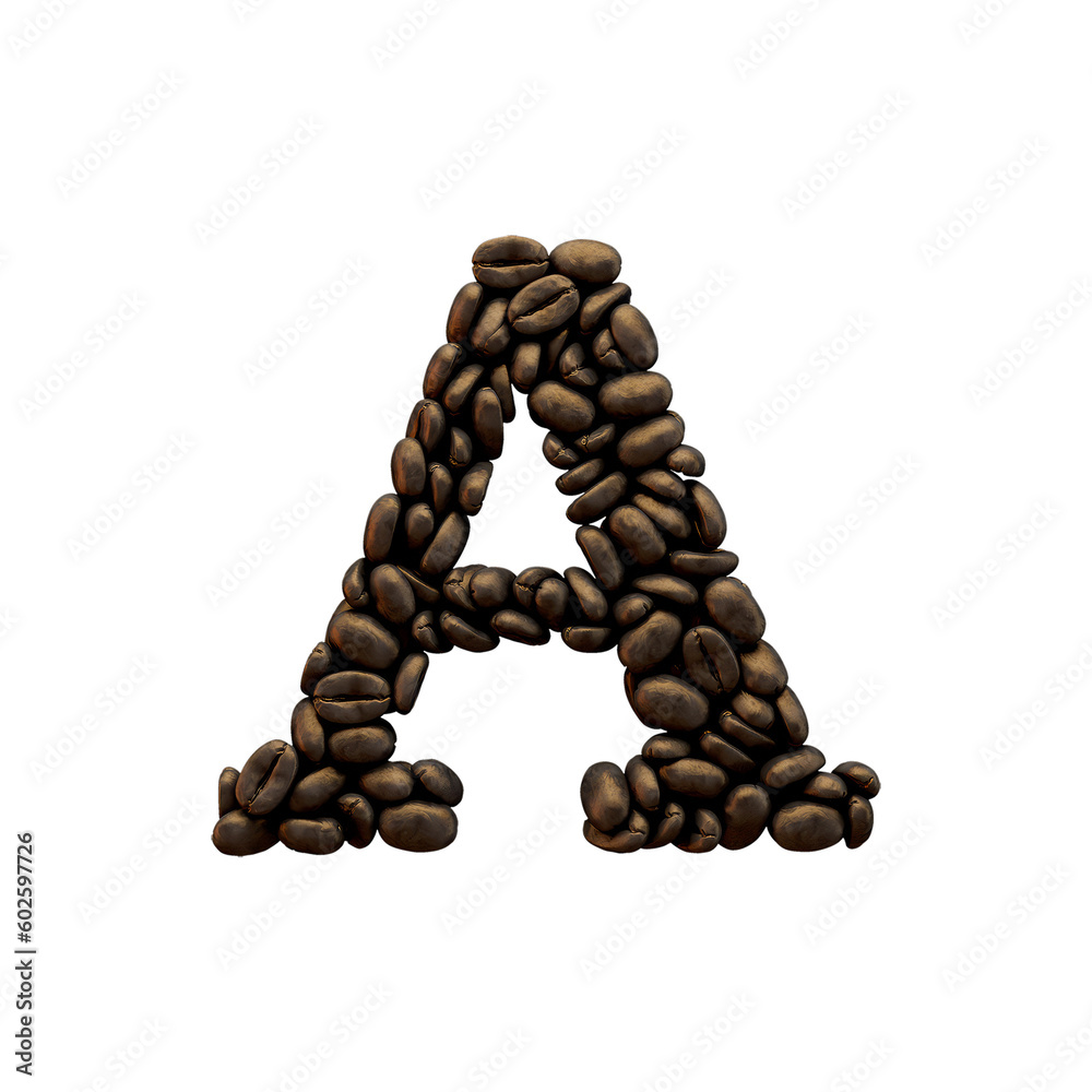 Letter A coffee bean font. alphabet lettering. 3D Rendering Letter A coffee bean font. alphabet lettering. 3D Rendering