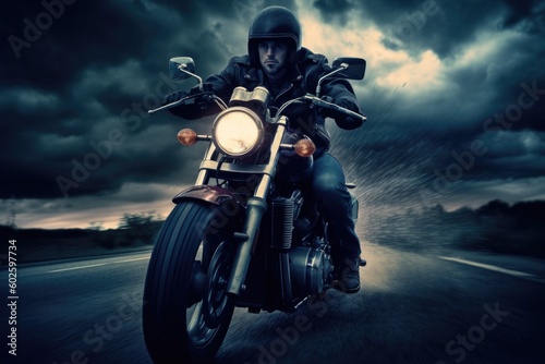 biker on motorcycle on road at night, ai generative © nataliya_ua