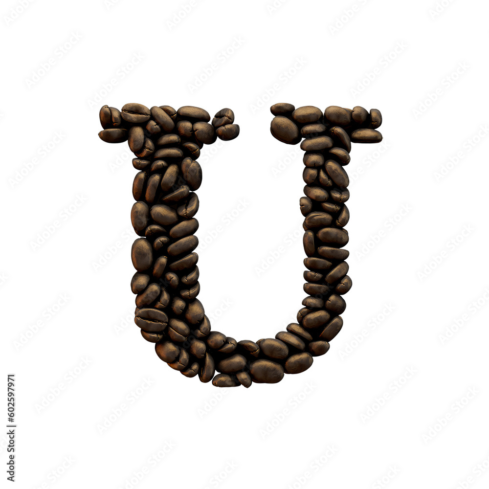 Obraz premium Letter U coffee bean font. alphabet lettering. 3D Rendering