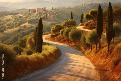  Sunny fields in Tuscany, Italy, countryside rolling hills; summer farmland and country road.Ai generative photo