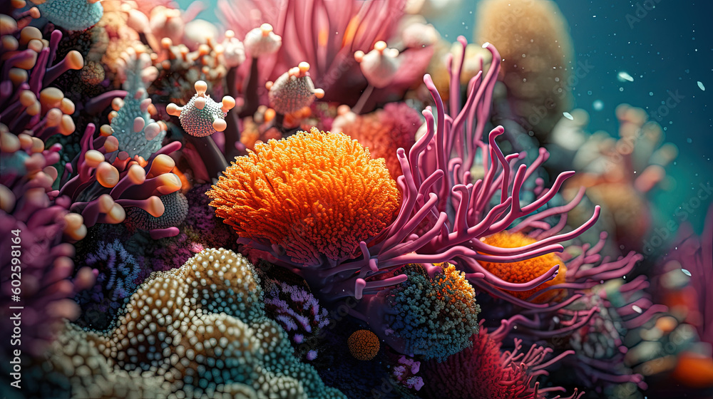 Fototapeta premium Macro photography of a coral reef. Generative AI
