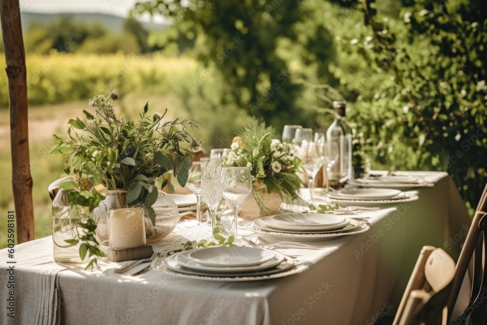 Fototapeta premium table setting for a wedding with flowers, ai generative
