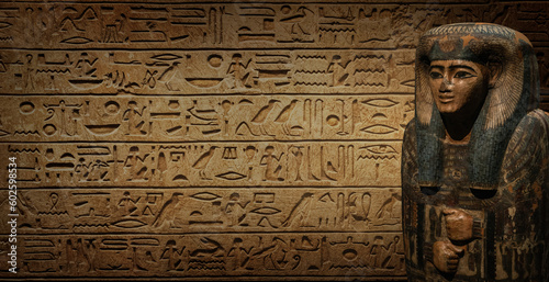 Fototapete Sarcophagus with an Egyptian mummy on old Egyptian hieroglyphs