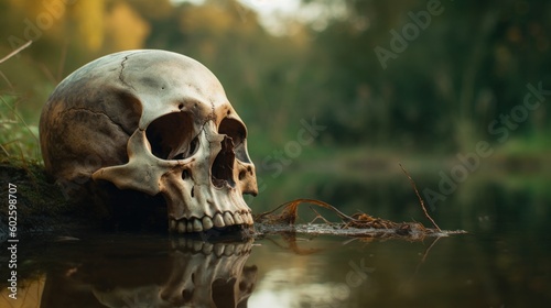 Decaying old human skull in dirty murky wet swamp mud, death and decay, unsolved crime scene, murder mystery - generative AI 