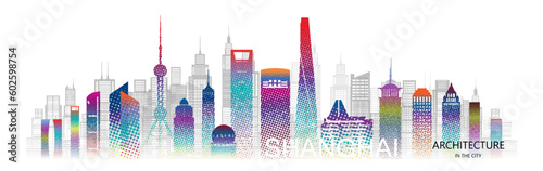 Travel architecture silhouette in Shanghai with colorful halftone style.