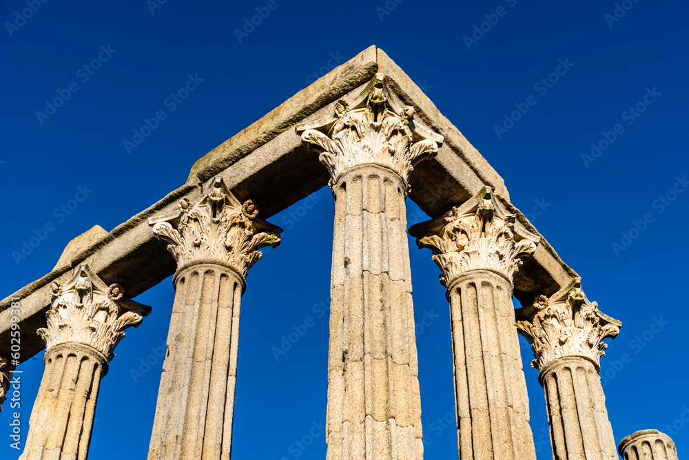 Roman Temple of Diana in Evora. Alentejo, Portugal. Corinthian-style capitals