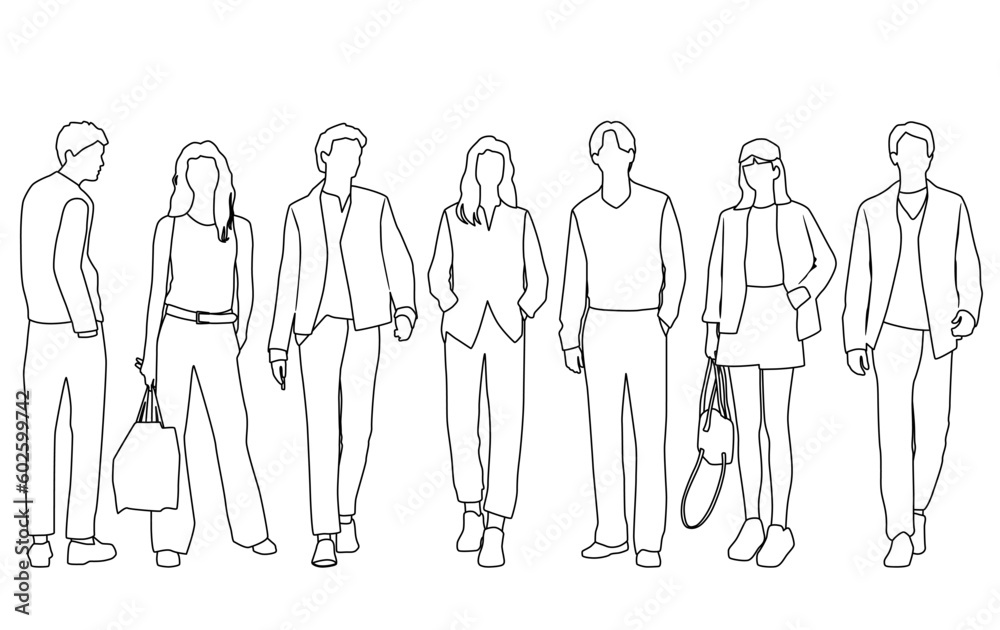 Vector silhouettes of men and a women, a group of standing business people, linear sketch, black and white color isolated on white background Vector silhouettes of men and a women, a group of standing business people, linear sketch, black and white color isolated on white background