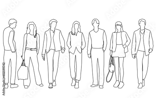 Vector silhouettes of  men and a women  a group of standing  business people   linear sketch  black and white color isolated on white background
