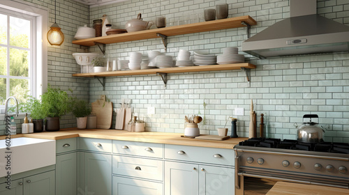 Charming Subway Tiles  Muted Pastel Backsplash for a Vintage-Inspired Kitchen