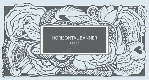 Cartoon doodle designe pattern. Detailed compositions with lot of flower, leaf and symbols. Horisontal banner. Template for card, invitation