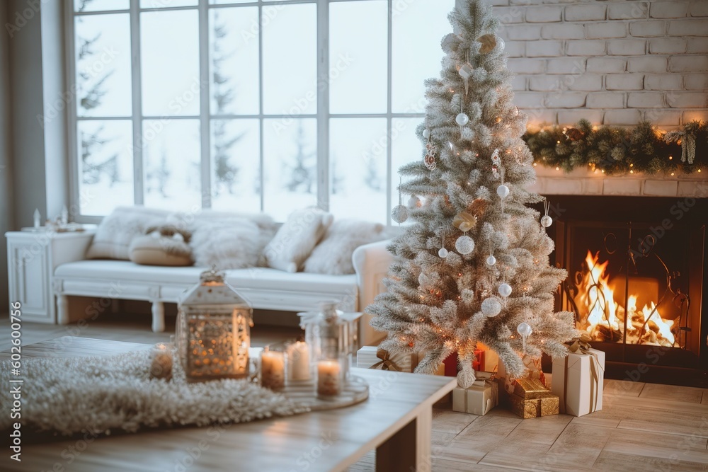 A festive home interior adorned with Christmas decorations, featuring a beautifully decorated Christmas tree surrounded by delightful presents, generative ai beautiful art