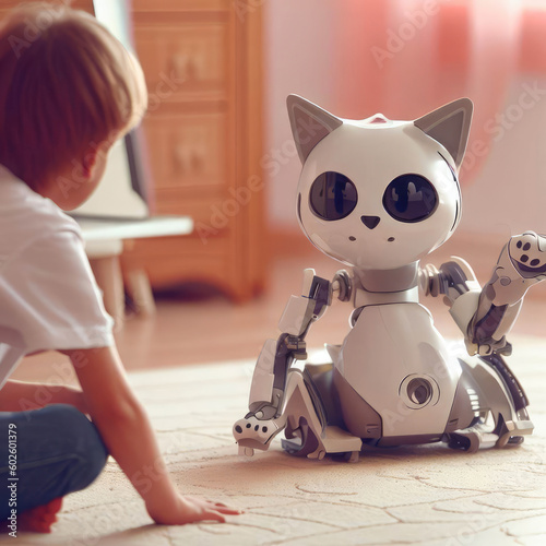 In the children's room, a child plays with a robot cat
