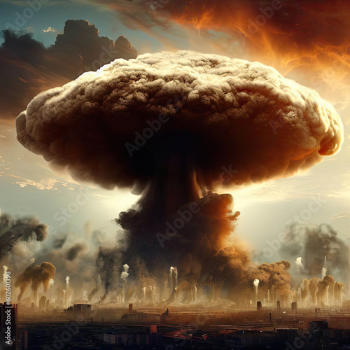 Explosion of nuclear bomb over city. Generated Ai