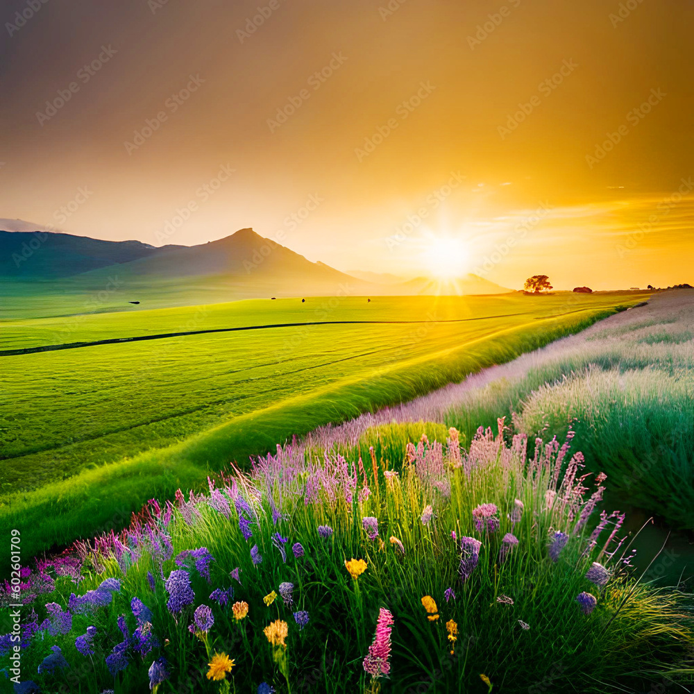 Big green field with flowers and a sunset