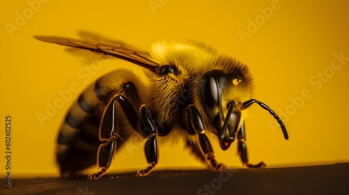 Busy Bee in Action on Yellow Studio Background