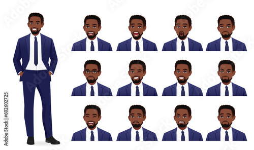 Handsome business African American man in suit with different facial expressions set vector illustration isolated