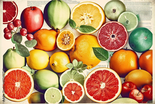 Retro style food poster. Tropical fruits grapefruit  lemon  orange and lime. Generative AI