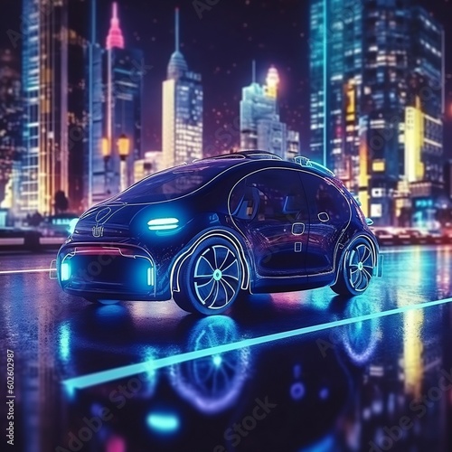 Futuristic Electric Vehicle (EV) System: Nighttime Scene with Electric Car. Generative AI