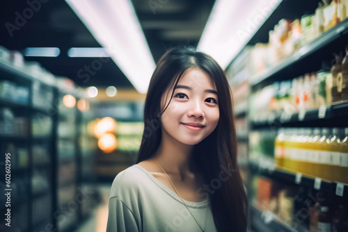 Free Download Against the dimly lit background of a supermarket department store, an Asian girl stands before a shelf, browsing the items available. generative AI - GFXLoad