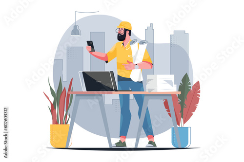 Construction engineer yellow concept with people scene in the flat cartoon style. An engineer checks the project documentation for a new building. Vector illustration.