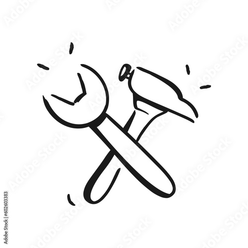 Hammer and wrench icon in doodle style on a white background. Vector EPS 10