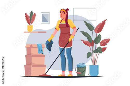 Household chores yellow concept with people scene in the flat cartoon design. Woman completes her household duties and cleans her house. Vector illustration.